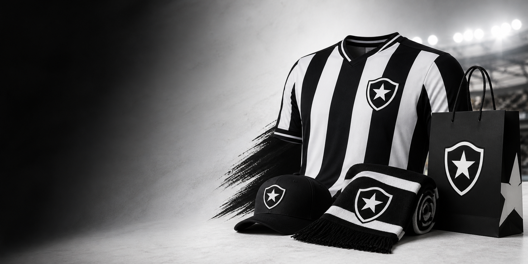 Anuncio da loja do Botafogo com camisa alvinegra e produtos oficiais.
