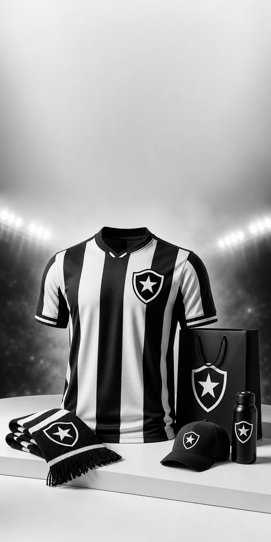 Anuncio da loja do Botafogo com camisa alvinegra e produtos oficiais.