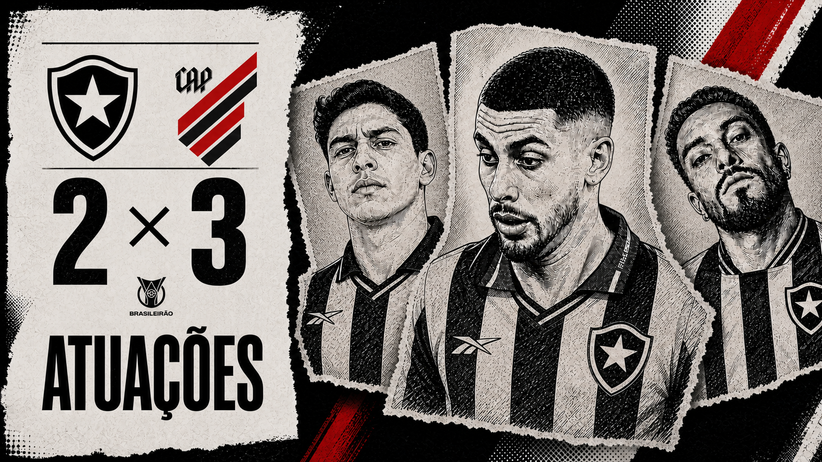 Ilustração editorial de Nahuel Ferraresi, Santi Rodríguez e Alex Telles ao lado dos escudos de Botafogo e Athletico e do placar de 3 a 2 pelo Brasileirão.