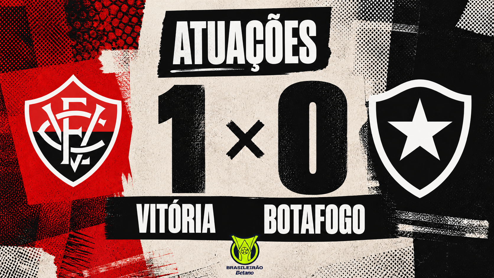 Placar Vitória 1 a 0 Botafogo entre os escudos dos clubes em arte editorial do Brasileirão.