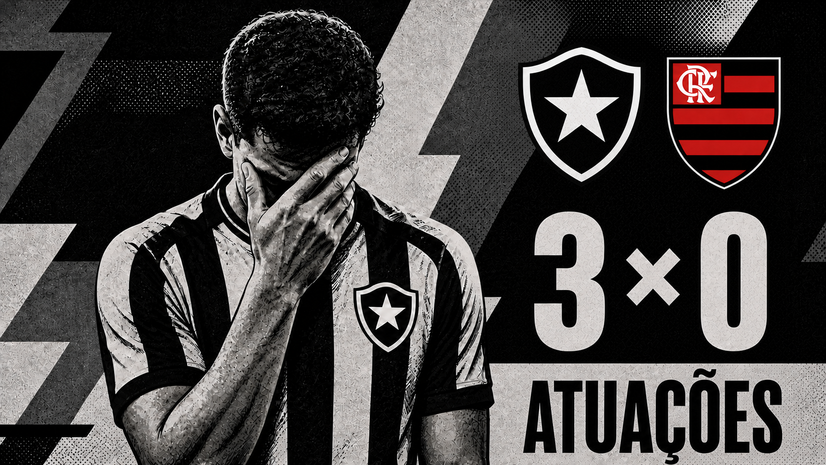 Ilustração editorial de um jogador do Botafogo abatido, com a mão no rosto, ao lado dos escudos e do placar de 3 a 0 para o Flamengo.
