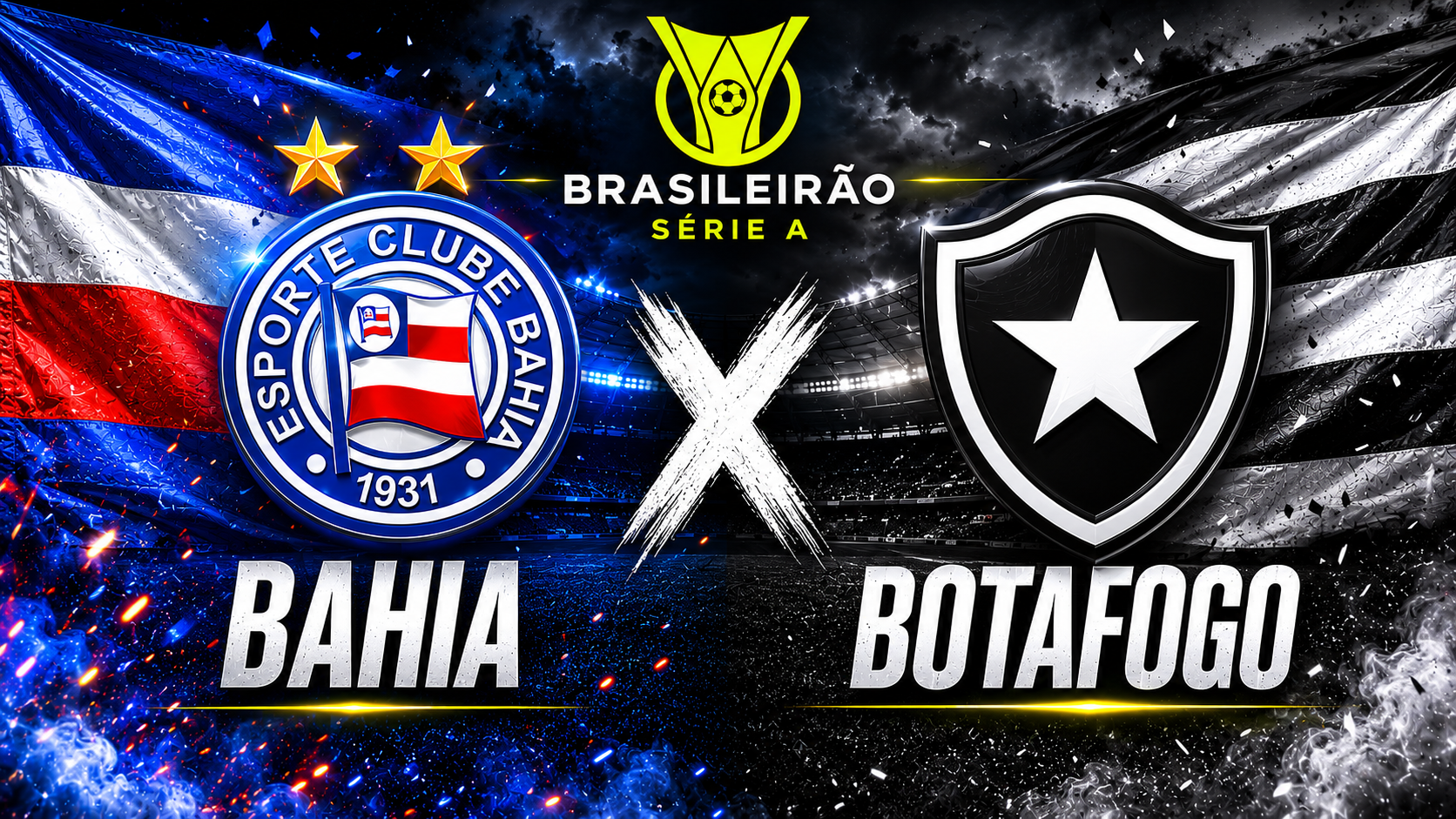 Arte de Bahia x Botafogo pelo Brasileirão Série A, com escudos dos dois clubes.