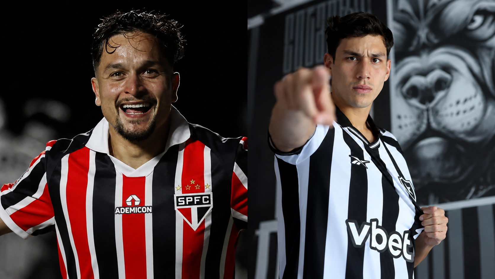 Montagem com Artur com a camisa do São Paulo e Ferraresi com a camisa do Botafogo.