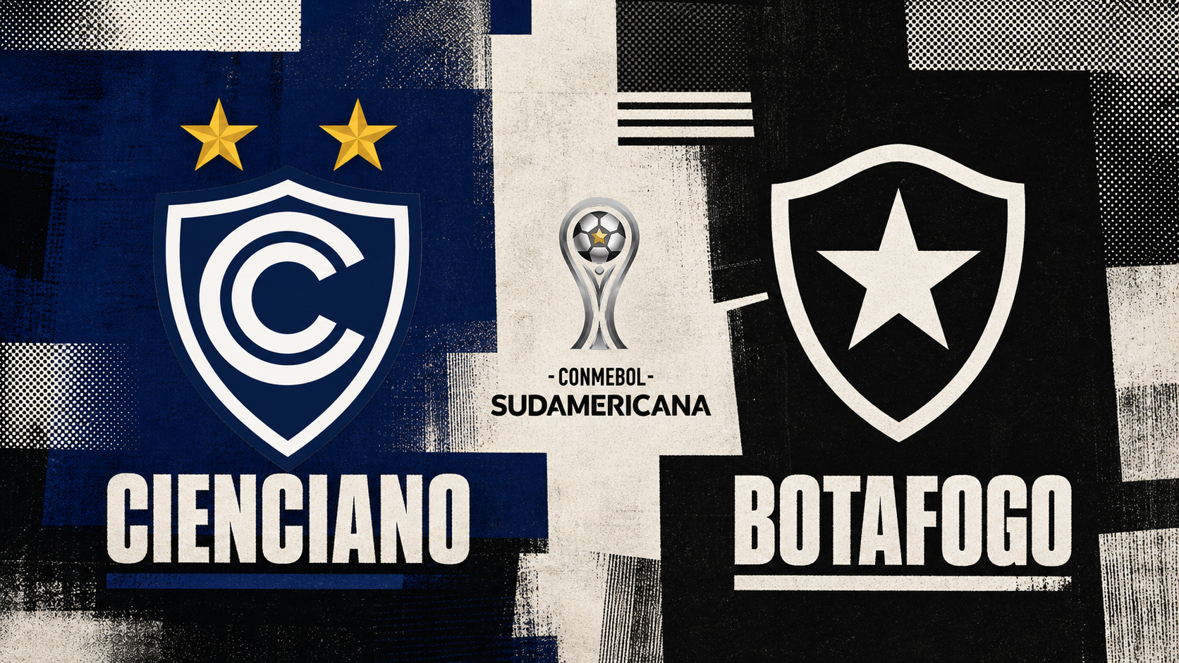 Escudos de Cienciano e Botafogo com o logo da Copa Sul-Americana entre os clubes