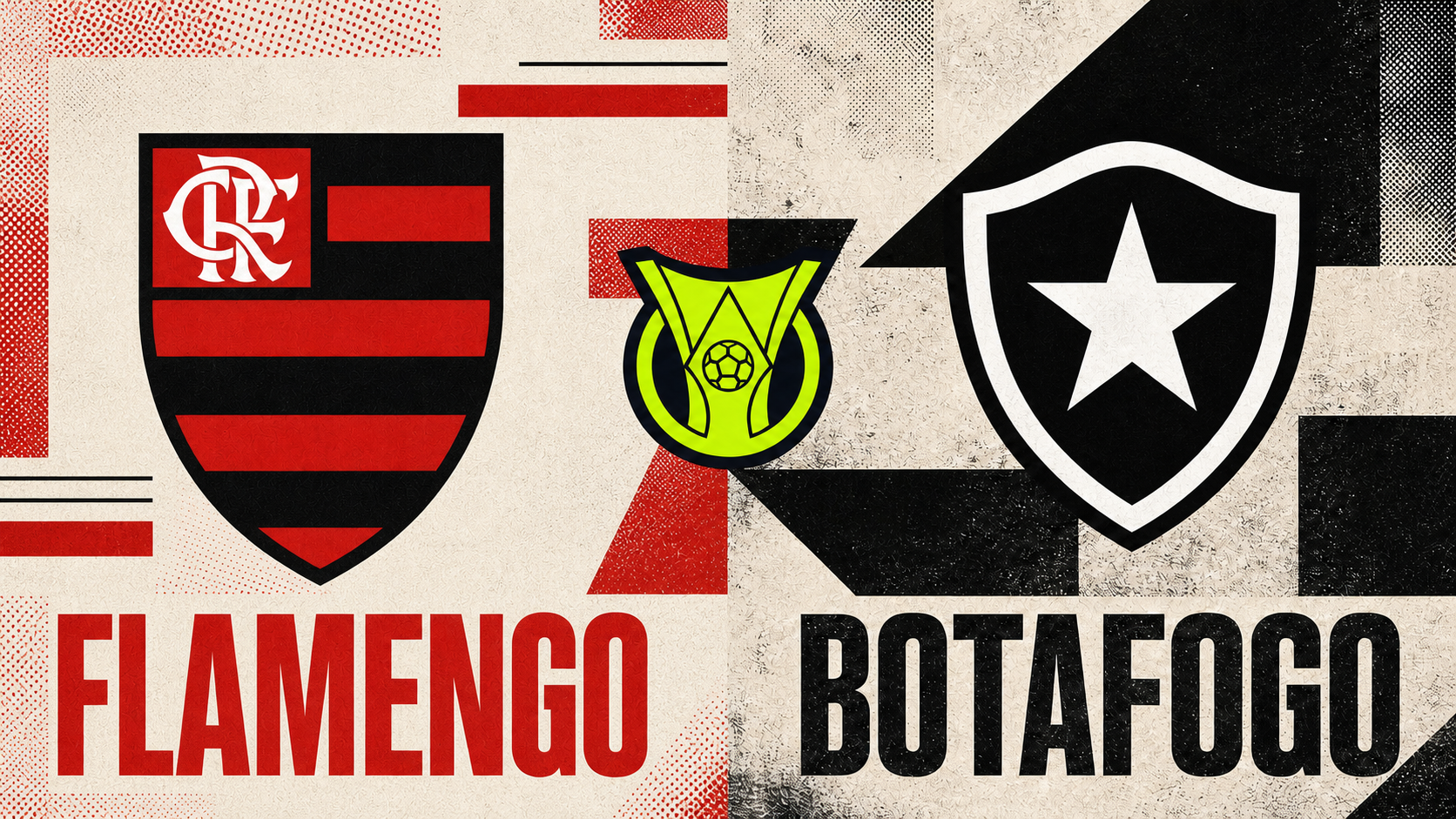 Escudos de Flamengo e Botafogo com o logo do Brasileirão entre os times