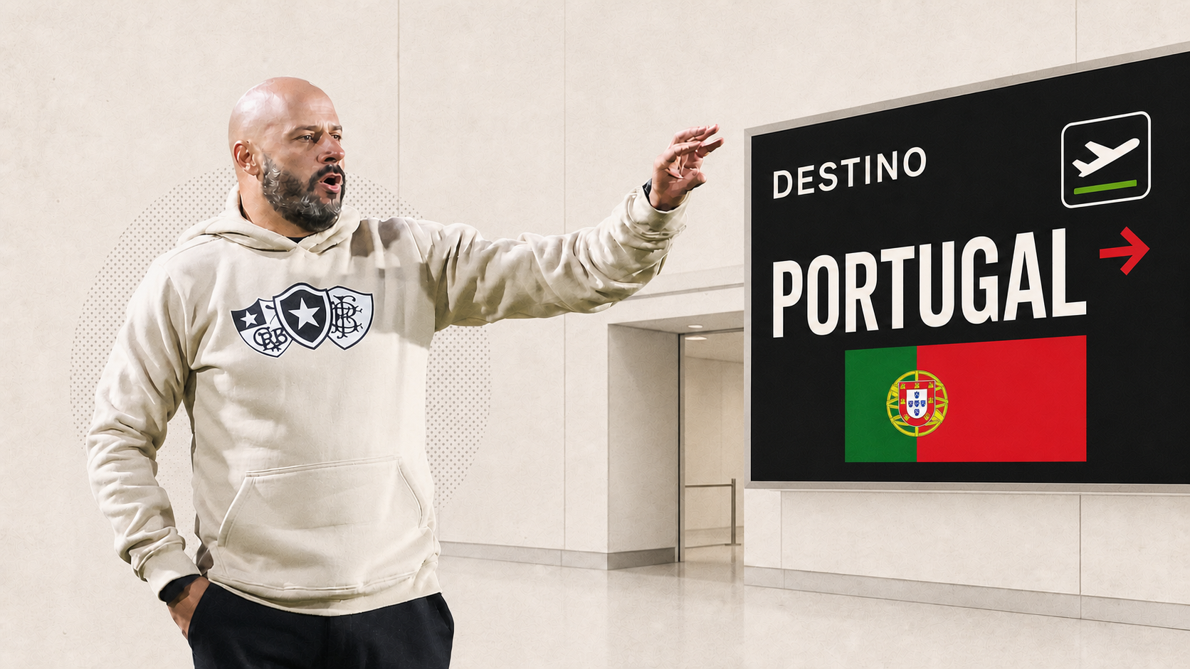 Montagem editorial mostra Franclim Carvalho em um terminal de aeroporto apontando para um painel com destino a Portugal e a bandeira portuguesa.