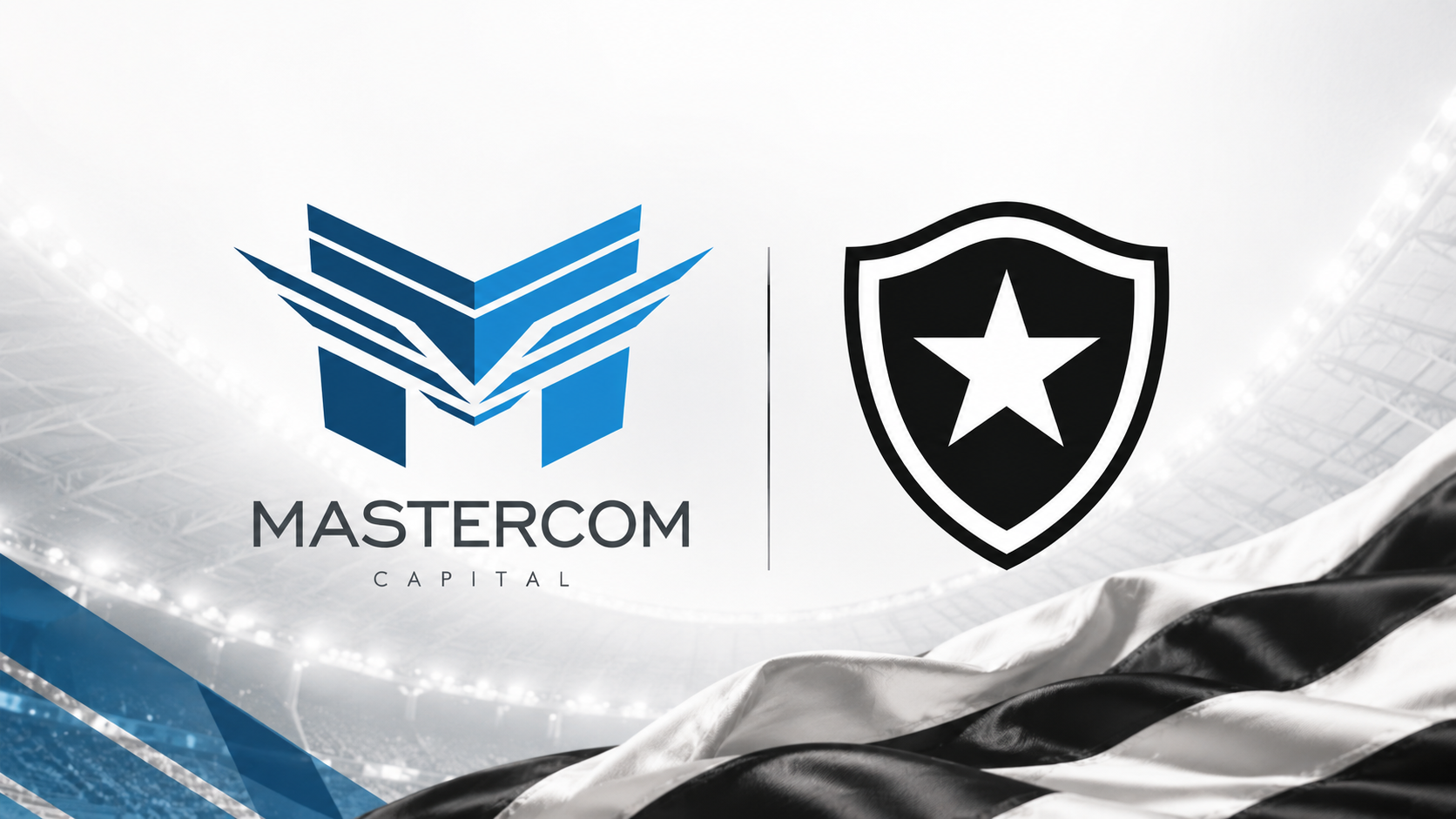 Arte com o logo da MasterCom Capital ao lado do escudo do Botafogo em fundo de estádio.