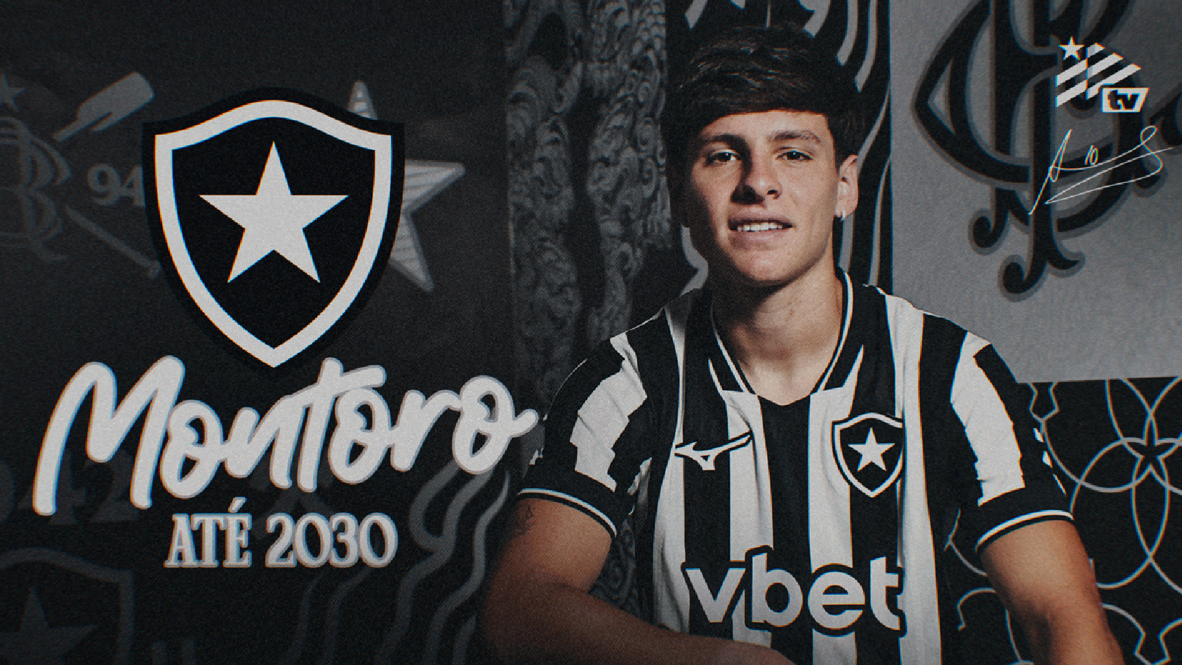 Álvaro Montoro com a camisa do Botafogo na arte oficial da renovação de contrato até 2030.